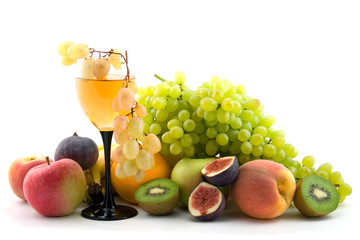 wine and fruits isolated on white