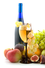 wine and fruits isolated on white