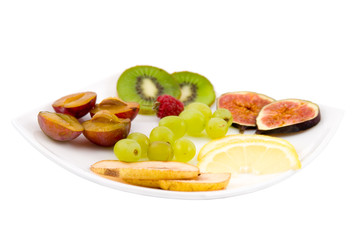 fresh fruits on a plate  isolated on a white background