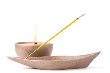 Candle and incense stick isolated on white background - obrazy, fototapety, plakaty