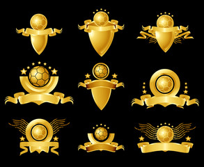 golden football emblems, ribbons and shields