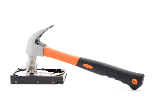 hammer destroying hard disk studio isolated