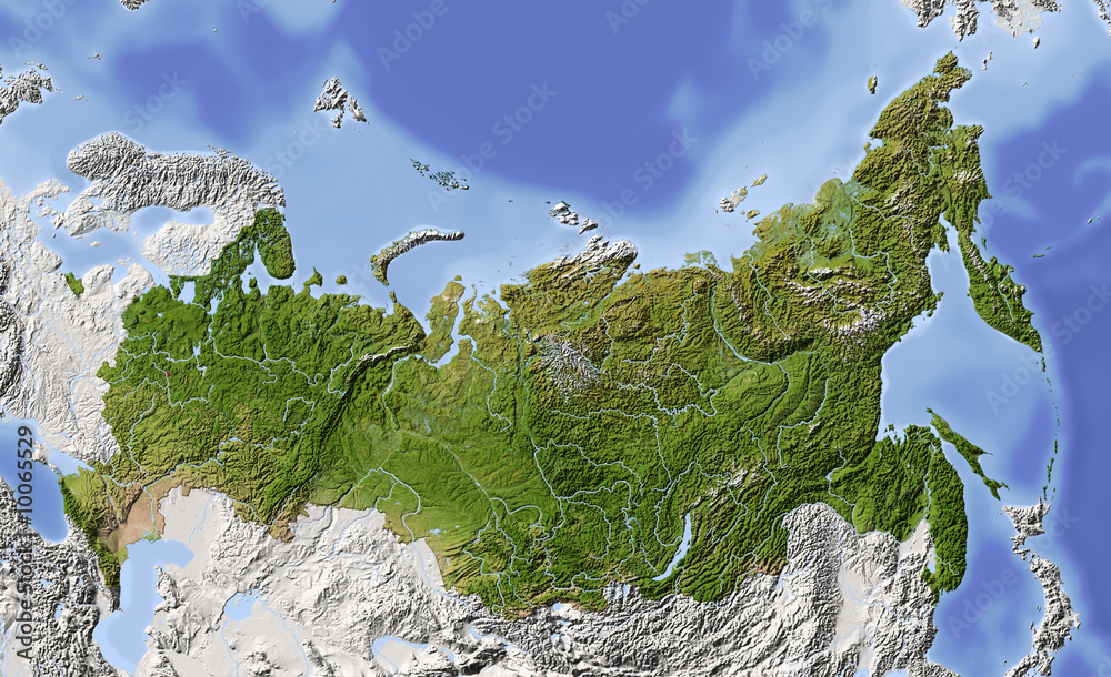 Wall mural Russia. Shaded relief map, colored for vegetation.