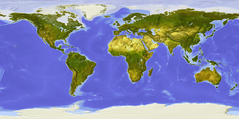 Weltkarte zentriert auf Afrika.