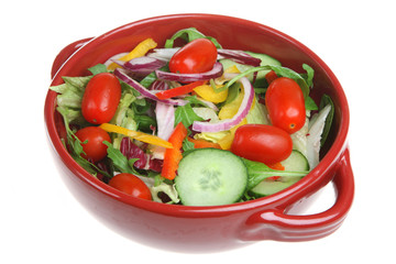 Fresh tomato salad in a red earthenware bowl