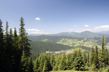 Mountains with green forest landscape.