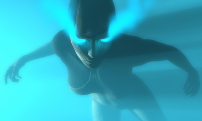female cyborg in blue mist with smoke