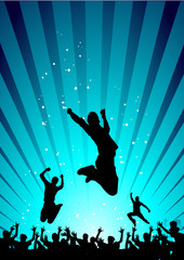 Happy people having fun in a blue abstract background