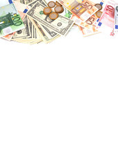 Paper money and coins for a white background.