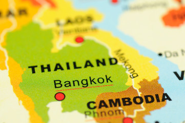 Close up of Bangkok, Thailand on map