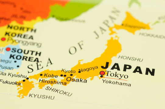 Closeup of Tokyo city, Japan on map