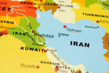 Close up of Iran and Irag on map