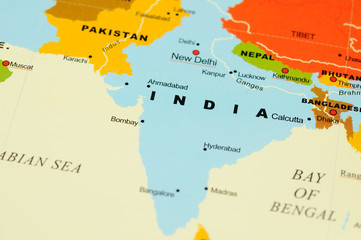 Close up of India on map