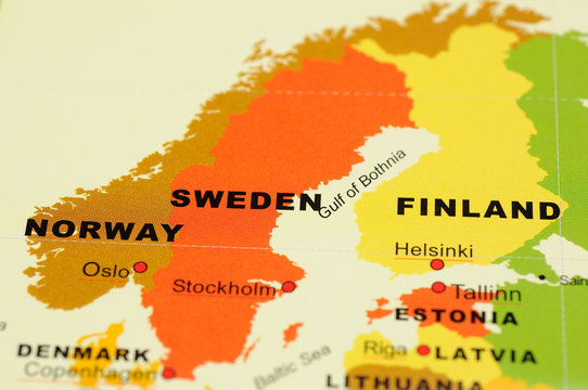 Close up of Norway, Sweden and Finland on map