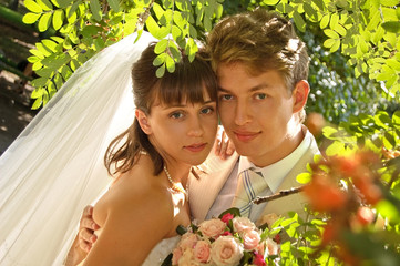 The groom with its bride against green foliage