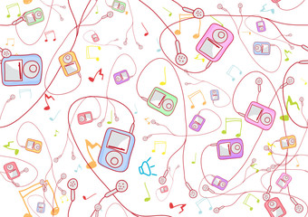 Seamless Pattern made of cool hand-drawn mp3 players