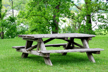 Empty picnic table in park setting