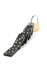 some dominos and a padlock for security isolated on white