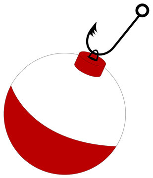 barbed fishing hook attached to red and white bobber