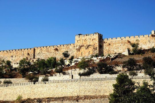 Jerusalem east wall of the old city and walled-up  gates