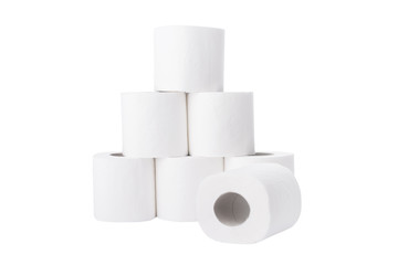 Pile of toilet paper rolls isolated on white background