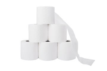 Pile of toilet paper rolls isolated on white background