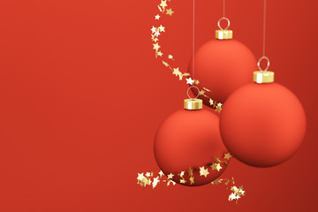 Christmas balls and ornaments over a red background.