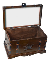 Small open wooden treasure chest with sign panel in lid
