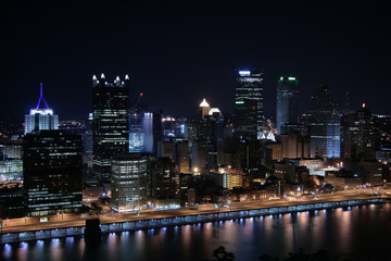 Pittsburgh's skyline from Mount Washington at night.