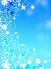 Christmas background on blue with swirls and stars