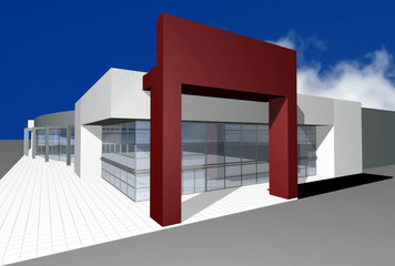 3D render of modern business center isolated over blue sky