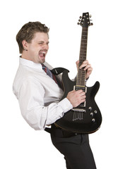 Corporate employee is rocking on the guitar