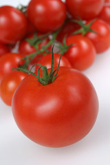 eine tomate closeup vopr einer anzahl tomaten im hintergrund