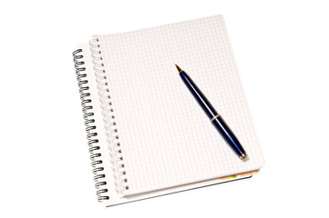 Opened notebook with pen isolated over white