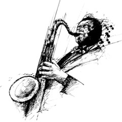 freehanding drawing of a jazz saxophonist - obrazy, fototapety, plakaty