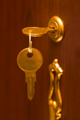 Golden key and lock, abstract security background