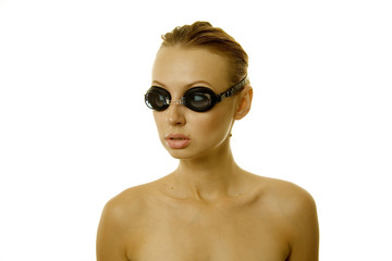 Sexy woman wearing black goggles