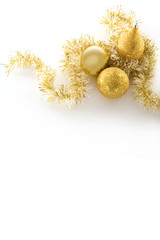 beautiful gold seasonal Christmas decorations on white