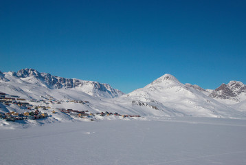Inuit village and mountains