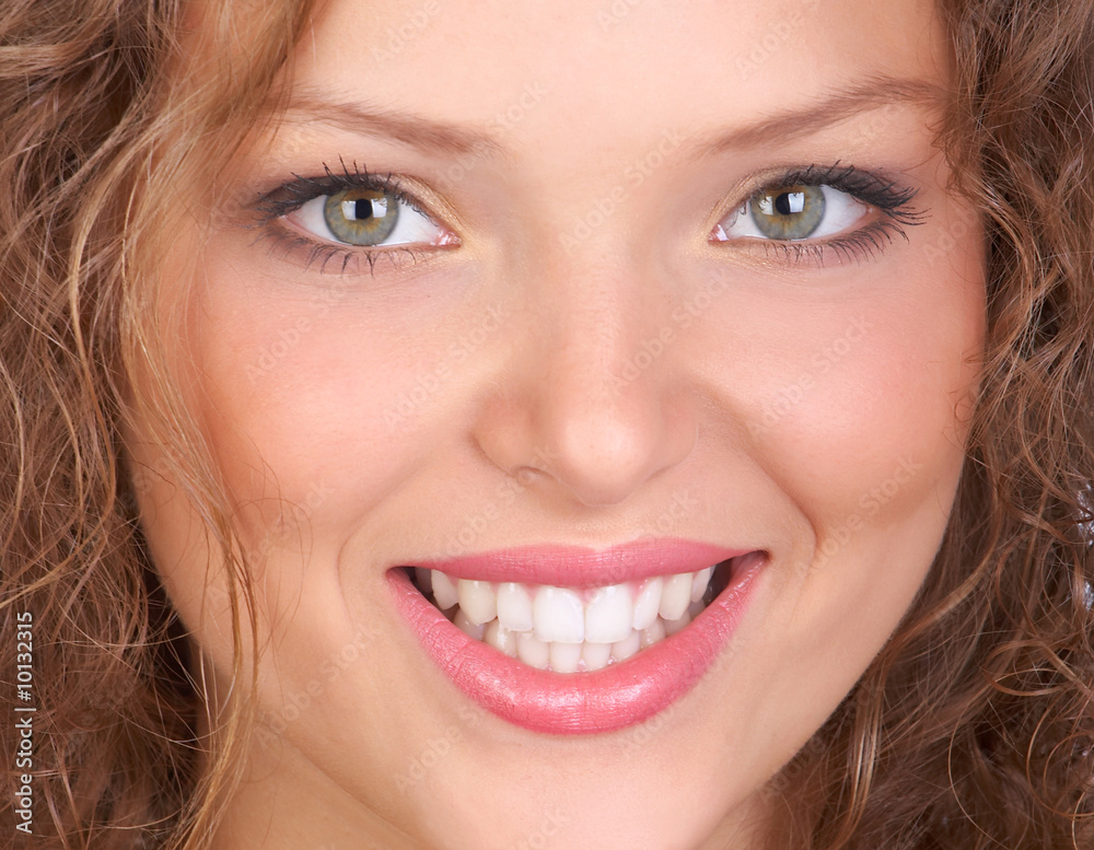 Sticker Beautiful young woman smiling. Isolated over white  background.