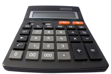The black calculator on a white background is isolated
