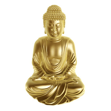 golden buddha sitting cross-legged on white background