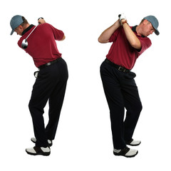 Both side views of a male golfer isolated on  white