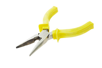 Opened jaws pliers with yellow handle on white background