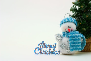 Cristmas card with snowman and cristmas-tree