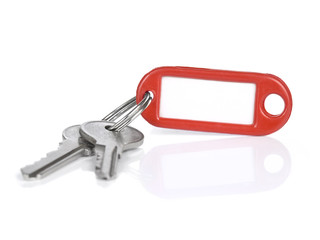 Two keys on a blank keyring, isolated on white.