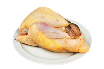 Raw guinea fowl on plate isolated on white