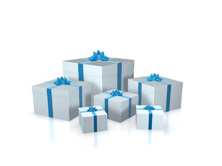 3D Render. Several white gift boxes with blue ribbons