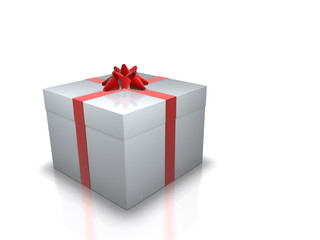 3D Render of a white gift boxe with red ribbons