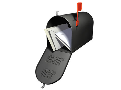 An isolated open mailbox with letters inside on white background
